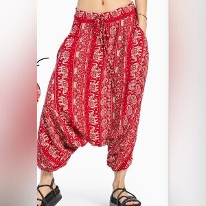 Elephant Print Red Wide Leg Pants
